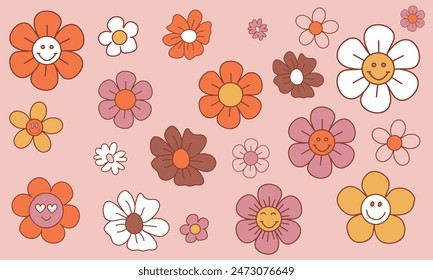 Vector groovy floral set. Contemporary fun psychedelic daisies background. Trippy simple naive daisy flowers repeat texture. 