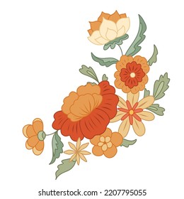 Vector groovy flower angle composition. Floral hippie corner clipart. Retro bouquet isolated from the background. Nature clipart for stickers, invitation and card