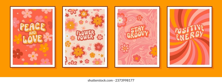 Juego de afiches de flores de groovy vectores. Resumen psicodélico ilustraciones florales de la década de los 70 arte en la pared. Colección de estampado artístico enmarcado de la margarita de verano de primavera. Estilo de los años 60 Paz y amor, poder de las flores, Stay Groovy 