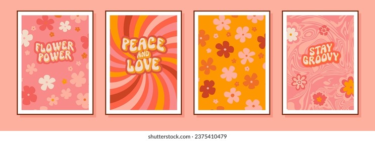 Juego de afiches de flores de groovy vectores. Resumen psicodélico ilustraciones florales de la década de los 70 arte en la pared. Colección de estampado artístico enmarcado de la margarita de verano de primavera. Estilo de los años 60 Paz y amor, poder de las flores, Stay Groovy 