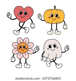 Vector groovy halloween cartoon retro characters isolated on white background
