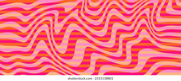 Vector groovy hippie background with waves and swirl pattern.  Distorted bright color vector texture in trendy retro psychedelic style. Wavy design in a retro 1970s hippie style.
