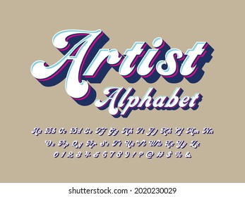 Vector of groovy hippie style alphabet design with uppercase, lowercase, numbers and symbols