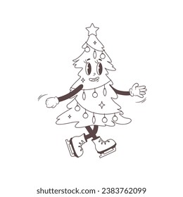 Vector Groovy ice-skating Christmas tree character with lights. Stylized outline isolated illustration of Retro cartoon character in style 60s 70s