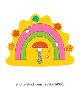 Vector groovy illustration with mushroom, rainbow and flowers on isolated background. 