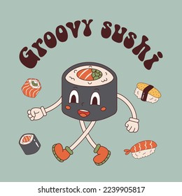 Vector groovy postcard with sushi mascot in retro style. Maki sushi character 70s. Japanese food. Groovy sushi text.