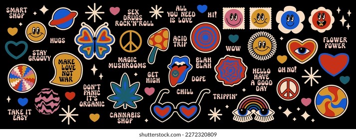 Vector groovy psychedelic smiley faces, characters, symbols, cute illustrations, cosmos stickers, quotes. Cool bold retro crazy rave patches funky party hippie stickers. Cartoon style hipster symbols