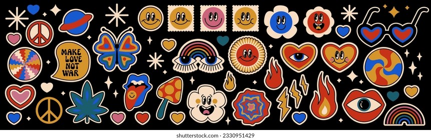 Vector groovy psychedelic smiley faces. Set of cool bold retro illustrations. Crazy social media emoticons. Positive vibes funky hippie emotion stickers. Faces with different emotions