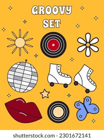 Vector groovy retro 79s set icons. Collection hippie elements in vintage style. Lips, disco ball, vinyl record, daisy, butterfly, on orange background.
