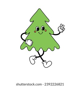 Vector groovy retro cartoon Christmas tree isolated on white background