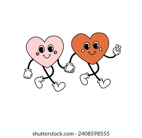 Vector groovy retro cartoon couple of hearts isolated on white background