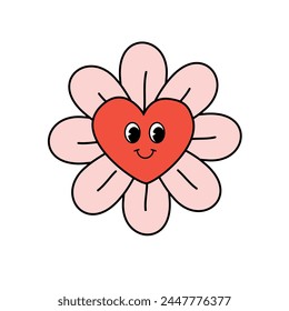 Vector groovy retro cartoon flower with heart isolated on white background