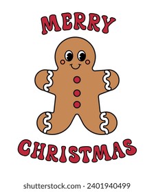 Vector groovy retro cartoon gingerbread man with merry Christmas text isolated on white background