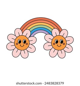 Vector groovy retro cartoon lgbtq rainbow with flowers isolated on white background