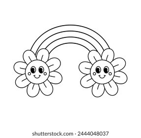 Vector groovy retro cartoon outline rainbow with flowers isolated on white background