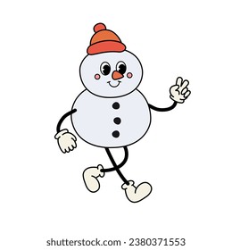 Vector groovy retro cartoon snowman isolated on white background