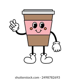 Vector groovy retro cartoon take away coffee isolated on white background