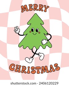 Vector groovy retro cartoon tree with merry Christmas text isolated on pink chessboard background
