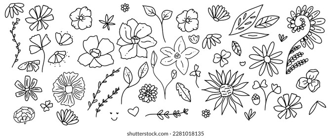Vector groovy retro flowers hand drawn illustration set. Doodle line art sketch drawing. Botanical florals and leaves isolated 