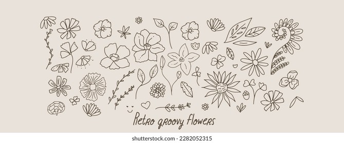 Vector groovy retro flowers hand drawn illustration set. Doodle line art sketch drawing. Botanical florals and leaves isolated  svg