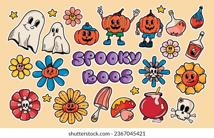 Vector groovy retro Halloween set with funny cartoon characters. Pumpkins, skulls, ghosts, flowers with faces. Happy Halloween. Trendy illustration in retro cartoon style.