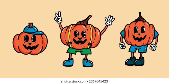 Vector groovy retro Halloween set with funny cartoon pumpkins. Crazy pumpkins in retro style. Happy Halloween. Trendy vector illustration for stickers, postcards, posters