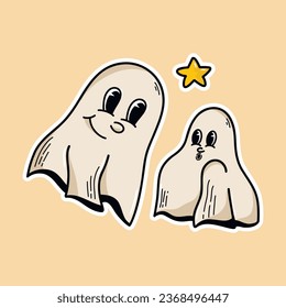 Vector groovy retro Halloween set with funny cartoon ghosts. Crazy ghosts in retro style. Happy Halloween. Trendy vector illustration for stickers, postcards, posters
