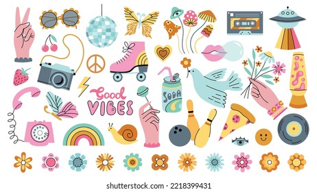 Vector groovy retro icon set. Hippie collection