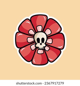 Vector groovy retro illustration for Halloween with a funny cartoon flower with a face. Crazy flowers in retro style. Happy Halloween. Trendy vector illustration for stickers, postcards, posters