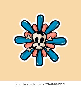 Vector groovy retro illustration for Halloween with a funny cartoon flower with a face. Crazy flowers in retro style. Happy Halloween. Trendy vector illustration for stickers, postcards, posters