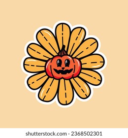 Vector groovy retro illustration for Halloween with a funny cartoon flower with a face. Crazy flowers in retro style. Happy Halloween. Trendy vector illustration for stickers, postcards, posters