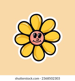 Vector groovy retro illustration for Halloween with a funny cartoon flower with a face. Crazy flowers in retro style. Happy Halloween. Trendy vector illustration for stickers, postcards, posters