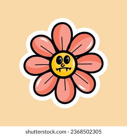 Vector groovy retro illustration for Halloween with a funny cartoon flower with a face. Crazy flowers in retro style. Happy Halloween. Trendy vector illustration for stickers, postcards, posters