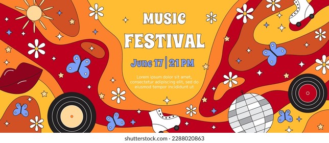 Vector groovy retro music festival invitation banner template. Disco ball, rolls, music records on psychedelic background. Trendy 70s surreal poster for event