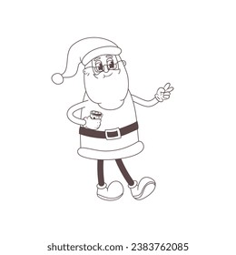 Vector Groovy Santa Claus outline illustration. Merry Christmas and Happy new year mascot in Retro cartoon line style 60s, 70s