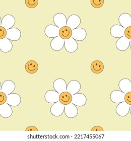 Vector groovy seamless pattern with funny happy daisy. Trendy daisy smile yellow color pastel pattern