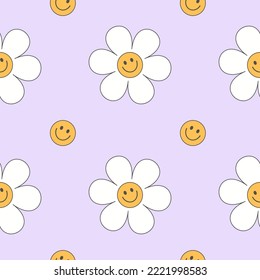 Vector groovy seamless pattern with funny happy daisy. Trendy daisy smile purple color pastel pattern	
