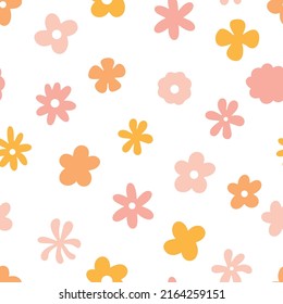 Vector groovy seamless pattern with meadow flowers in pastel color. Background in 60s, 70s, 80s style