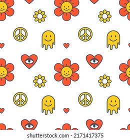 Vector groovy seamless pattern. Summer pattern in yellow and red colors. Retro print. Flowers and emoji. Hearts and peace sign.