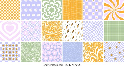 Vector Groovy seamless patterns and backgrounds. Set of vector backgrounds in trendy retro trippy y2k style. Lilac and green colors. Fun hippie texture for surface design.