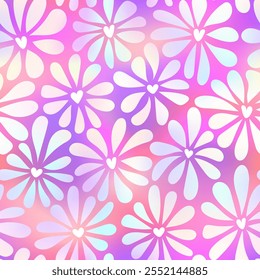 Vector groovy estilo de manzanilla sin patrón. Flores de gradiente holográfico con un fondo de núcleo en forma de corazón. Impresión floral para el Fondo de pantalla del día de San Valentín, diseño de moda, tela, decoración, cubierta.