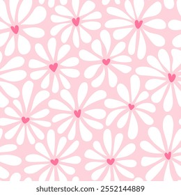 Vector groovy estilo de manzanilla sin patrón. Flores blancas con un núcleo en forma de corazón sobre fondo rosa. Impresión retro floral para el Fondo de pantalla del día de San Valentín, diseño de impresión de moda, tela, textil, decoración