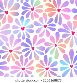 Vector groovy style chamomile seamless pattern. Holographic gradient flowers with a heart shaped core on white background. Floral print for Valentines day wallpaper, fashion design, decor, cover.