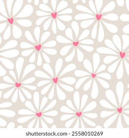 Vector groovy style chamomile seamless pattern. White flowers with a heart shaped core on beige background. Floral retro print for Valentines day wallpaper, fashion print design, fabric, textile.