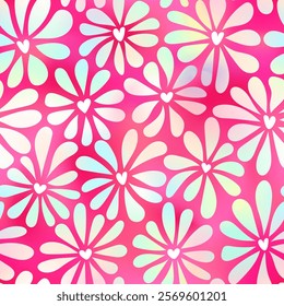 Vector groovy style chamomile seamless pattern. Holographic rainbow gradient flowers with a heart shaped core on pink background. Floral print for Valentines wallpaper, fashion design, decor, cover.