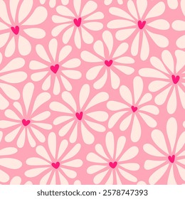 Vector groovy style chamomile seamless pattern. Pink flowers with a red heart shaped core. Floral retro print for Valentines day wallpaper, fashion print design, fabric, decor, textile, background.