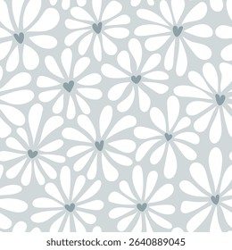 Vector groovy style chamomile seamless pattern. White flowers with a heart shaped core on grey background. Floral retro print for Valentines day wallpaper, fashion print design, fabric, textile, decor