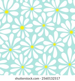 Vector groovy style flowers seamless pattern. White chamomiles on blue background. Floral retro print for Valentines day wallpaper, fashion print design, fabric, decoration.