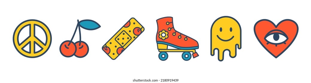 Vector groovy summer set. Peace sign, cherry, roller skate. Retro collection.