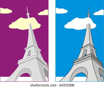 Vector grotesque cartoon illustration of Eiffel Tower at evening and day